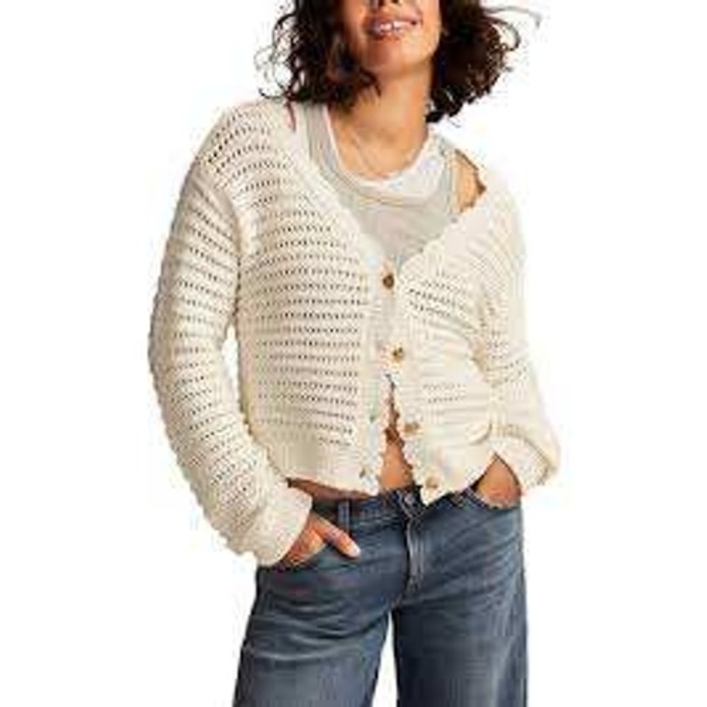 Lucky Brand Womens White Cotton Pointelle Open Knit Button Cardigan XL Coastal